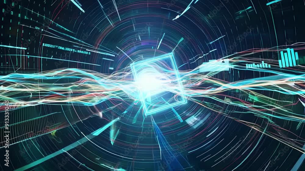Poster experience mesmerizing light waves emanating from a central point, creating an abstract, dynamic vis