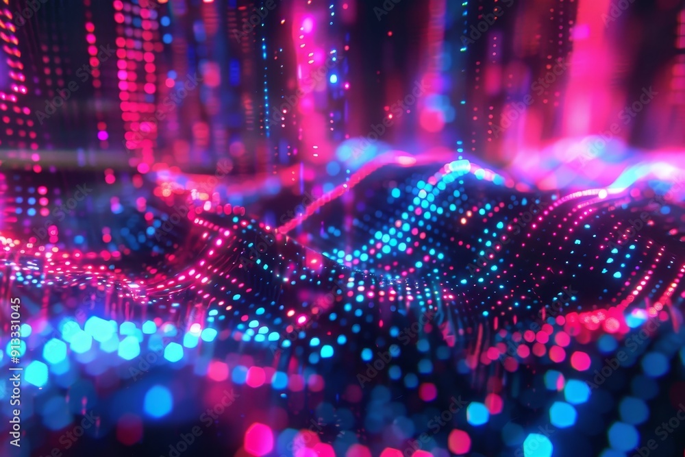 Poster neon-colored data streams flowing through abstract geometric shapes
