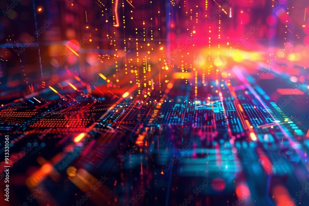 Poster neon-colored data streams flowing through abstract geometric shapes