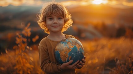 Smiling boy holding a globe in nature - Powered by Adobe