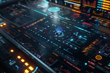 Obraz premium A cybernetic interface displaying complex data visualizations and graphs