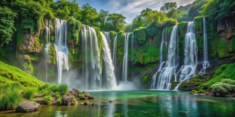 Fototapeta premium Majestic waterfall cascading down lush green cliffs , waterfall, nature, scenic, landscape, powerful, majestic