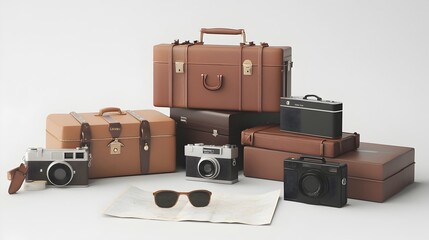 Curated Travel Essentials on Minimalist Plain White Background