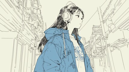 A girl on the streets of Harajuku, listening to music with stylish headphones 80s anime rainbow retro fashion