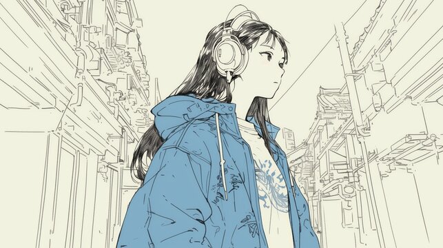 A girl on the streets of Harajuku, listening to music with stylish headphones 80s anime rainbow retro fashion