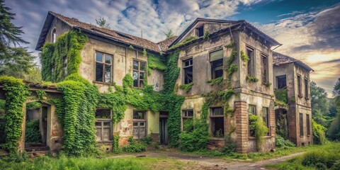 Fototapeta premium Creepy old abandoned building with broken windows and overgrown vegetation , Desolate, eerie, spooky, neglected, decay