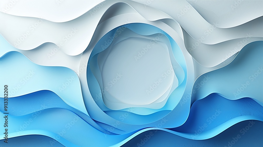 Poster layered blue and white paper waves creating abstract circular design in soft light