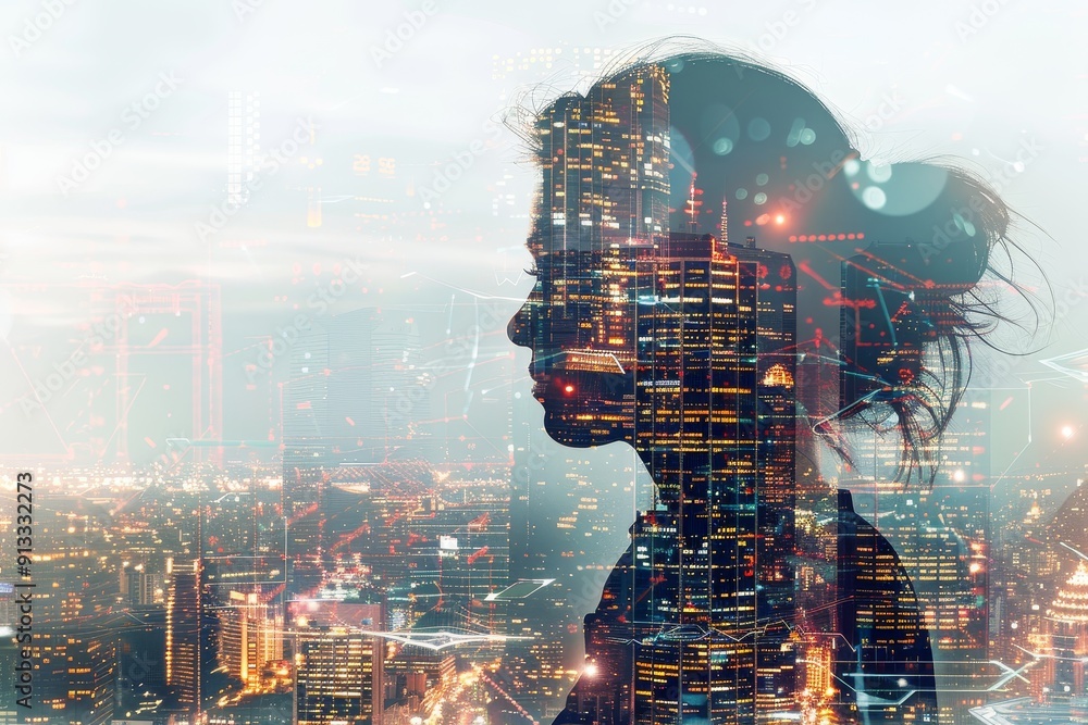 Aufkleber tech icons combined with cityscape in a dynamic double exposure for modern design