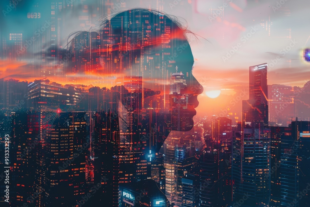 Aufkleber tech icons combined with cityscape in a dynamic double exposure for modern design