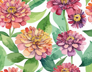 Hand-drawn watercolor zinnia flowers and leaves