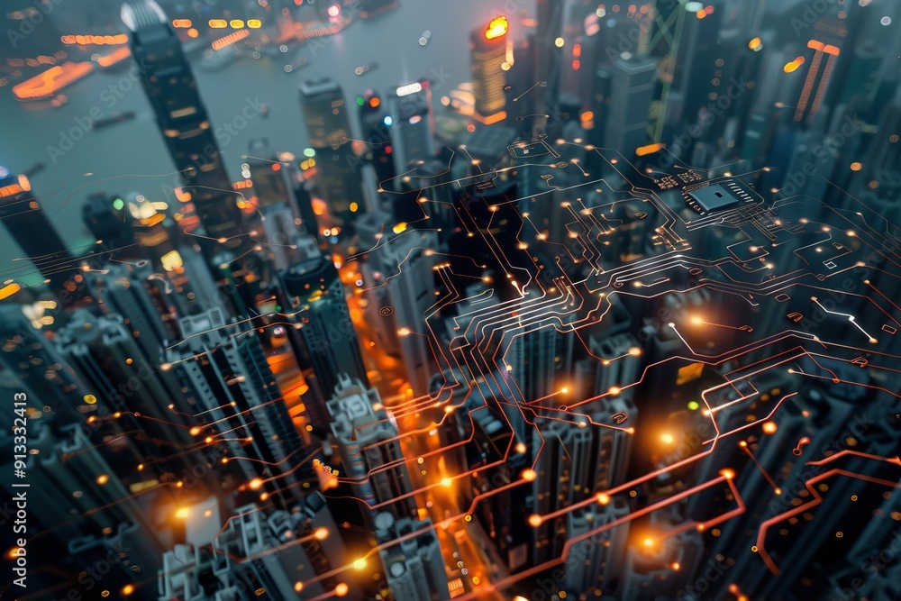 Poster microchip superimposed on cityscape for an engaging double exposure tech composition