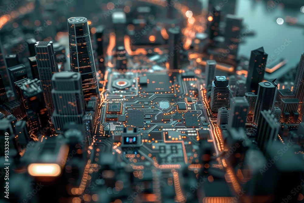 Poster microchip superimposed on cityscape for an engaging double exposure tech composition