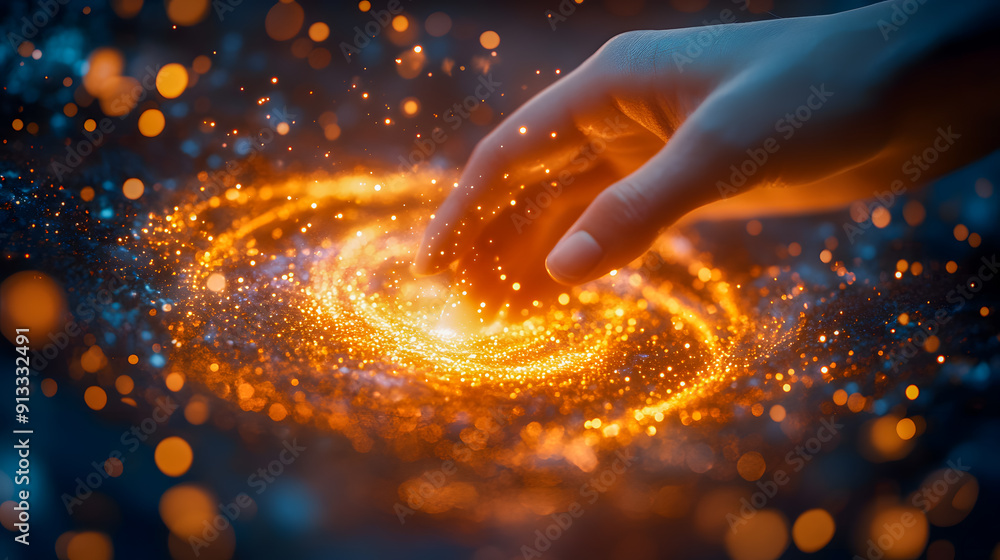 Poster mystical hand conjuring a swirling glowing energy within a cosmic background of stars nebulae and ga