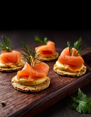 Delicious raw fresh salmon canapés with mustard on crispy crackers garnished with fresh herbs 