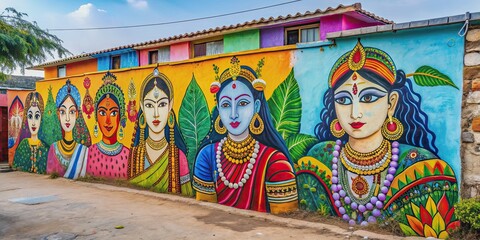 Fototapeta premium Graffiti art in Indian style painted on a wall in a resort town , Graffiti, Indian style, wall art, resort town