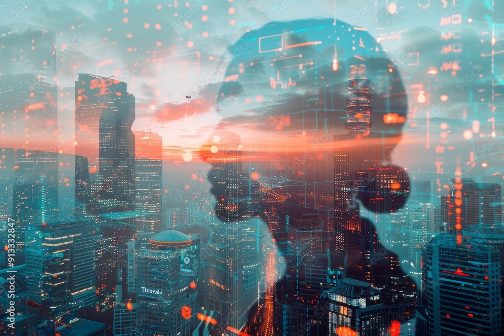 Poster tech icons overlaid on urban landscape in a unique double exposure image