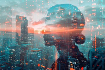 Tech icons overlaid on urban landscape in a unique double exposure image