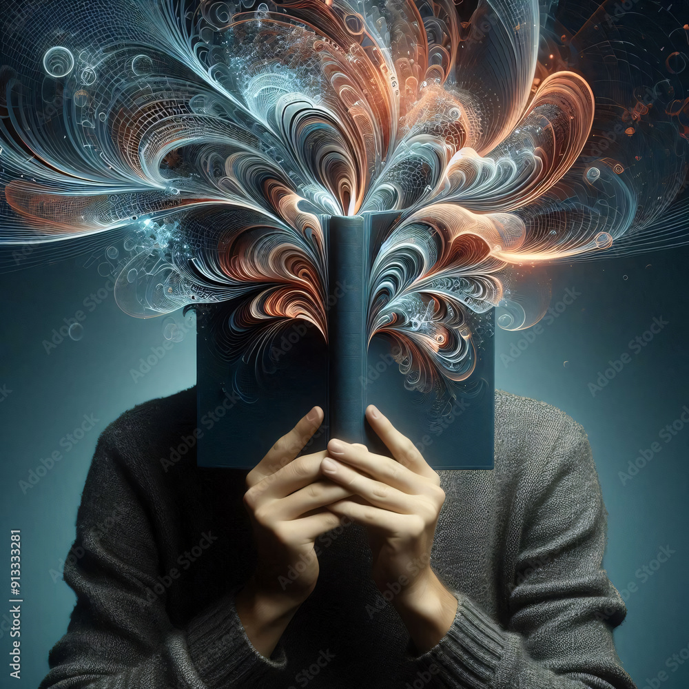 Poster person reading a book with abstract patterns bursting from the pages
