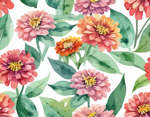 Hand-drawn watercolor zinnia flowers and leaves