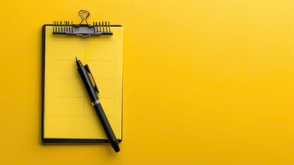 A black pen lays on a yellow notepad with a clipboard. The notepad has a grid pattern and is ready to write on.