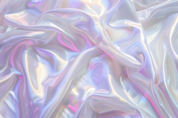 Obraz premium Holographic iridescent pastel background with wavy shiny texture, white cloth.