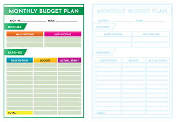 An Illustration of Monthly Budget Planner Templates in cmyk mode. Ready to print. This image showcases budget planner templates to help individuals organize their finances by categorizing incomes,  