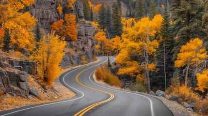 Fototapeta premium Winding road with bright autumn leaves in the rocky mountains generative ai