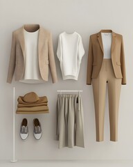 Carefully Styled Fashion Assortment with Contemporary Neutral Apparel, Accessories in Minimalist 3D Render