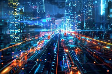 Obraz premium Holographic navigation system guiding users through a futuristic cityscape