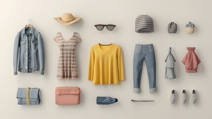 Neatly Arranged 3D Rendered Fashion Clothing Items in Modern Minimal Style