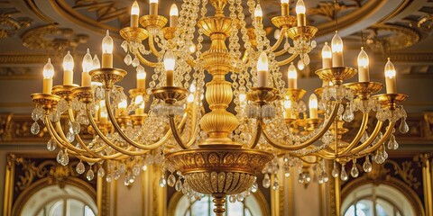 Fototapeta premium Luxurious gold plated chandelier hanging from a ceiling, luxury, elegant, interior design, decorative, expensive, opulent