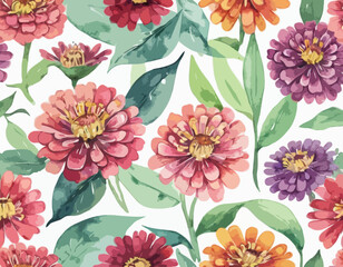 Hand-drawn watercolor zinnia flowers and leaves