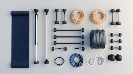 Neatly Arranged 3D Rendered Fitness Equipment Assortment on Plain Background