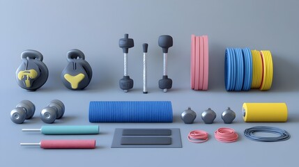 Assorted Fitness Equipment Neatly Arranged in Minimalist Modern Style