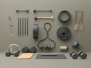 Minimalist 3D Render of Organized Fitness Equipment for Contemporary Lifestyle
