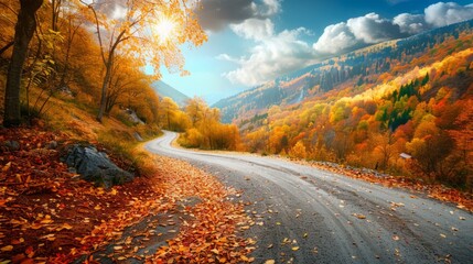 Fototapeta premium Winding road with bright autumn leaves in the rocky mountains generative ai