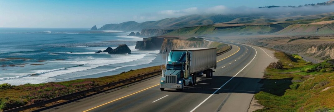 Big rig semi truck and trailer moving along empty highway by spectacular coastal landscaping with ocean cliffs and lush green hills in the background