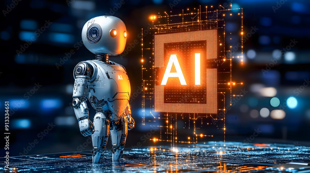 Poster futuristic robot with glowing circuit board and illuminated digital display representing the advance