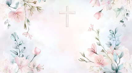 diseño de una invitacion en colores pastel con una cruz al centro para celebracion o festejo bautizo o primera comunion o boda diseño de flores elegantes