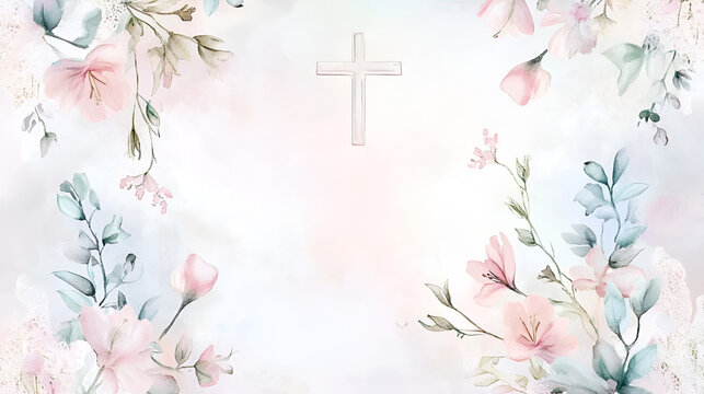 dise&ntilde;o de una invitacion en colores pastel con una cruz al centro para celebracion o festejo bautizo o primera comunion o boda dise&ntilde;o de flores elegantes 