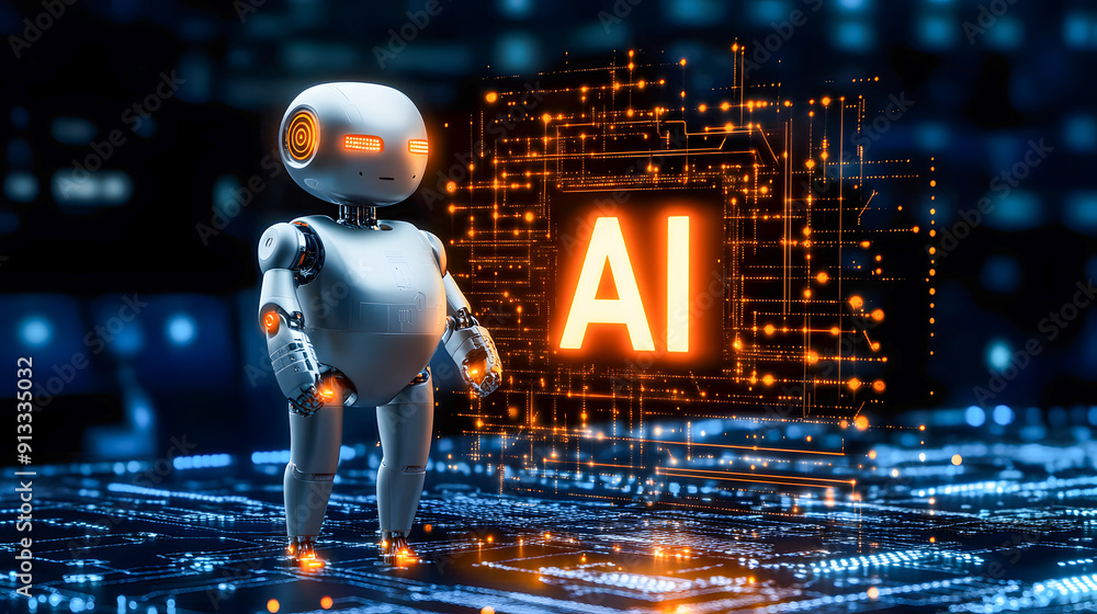 Poster intelligent robot standing on a glowing digital grid against a dark futuristic cyberpunk inspired ba