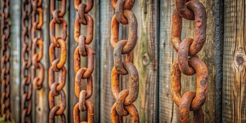 Fototapeta premium Rusty chains hanging on a weathered fence , Rust, metal, aged, vintage, decay, old, industrial, textured, weathered, aged
