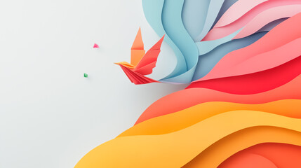 Obraz premium Abstract white background with pastel colorful 3D abstract background overlap layer on dark space with origami paper bird decoration. Modern graphic design element motion styl