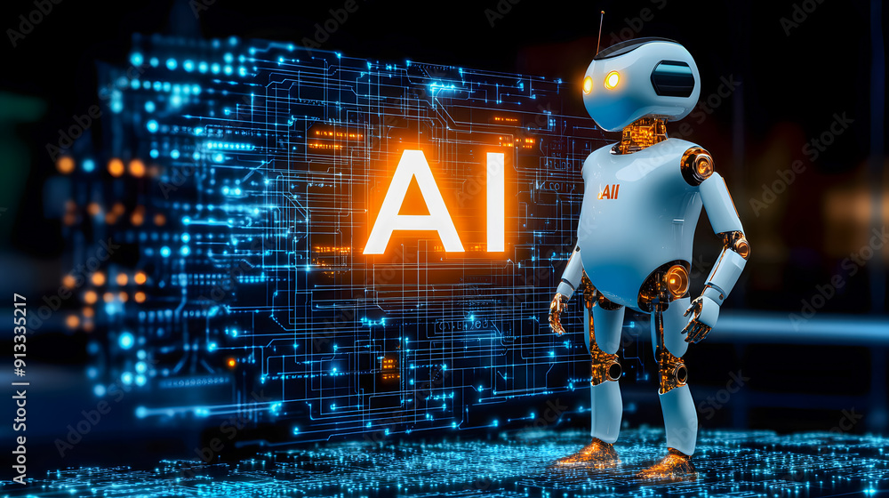Poster futuristic robot standing amidst glowing digital grid and circuits of an advanced intelligence machi