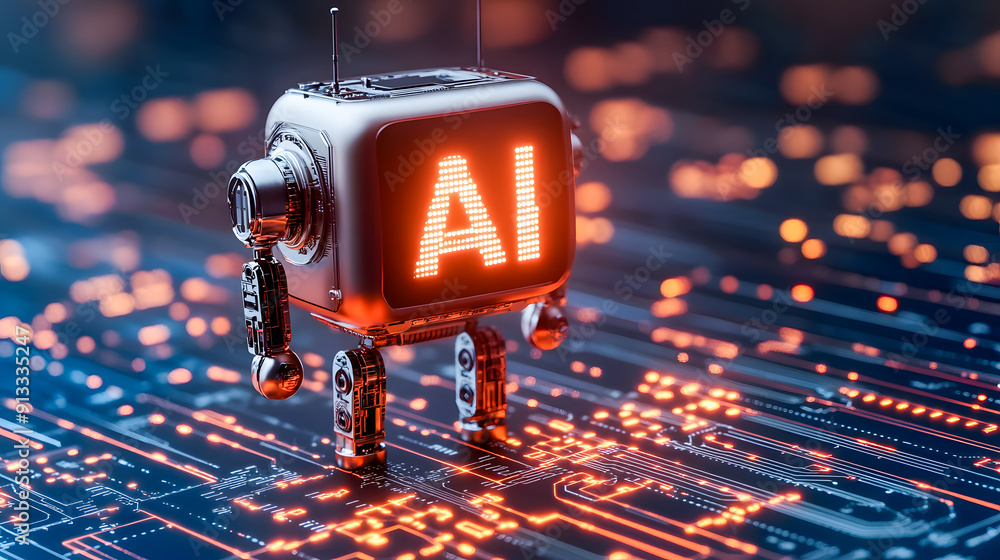 Poster futuristic glowing robot standing on illuminated digital circuit board with microchips and circuitry