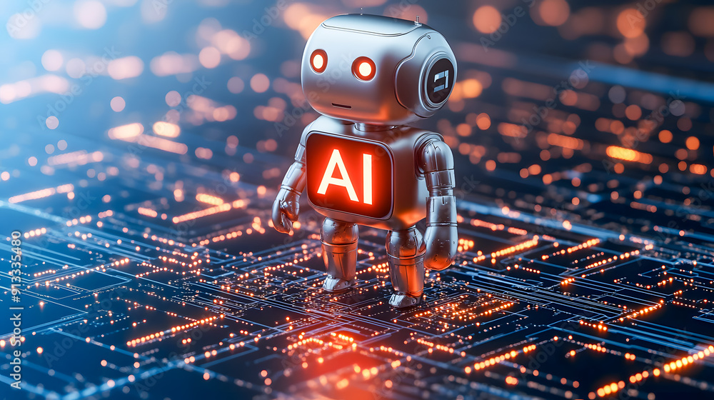 Poster robot standing on a futuristic computer circuit board with glowing lights representing the of intell