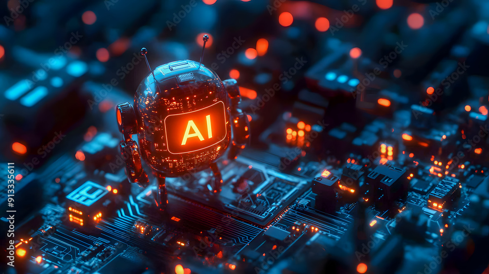 Poster glowing microchip on a complex circuit board with neon lit digital connections representing the futu