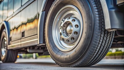 Close-up shot of a bus wheel with tire treads and metal rim, transport, vehicle, public transportation, travel, road, rubber, tire