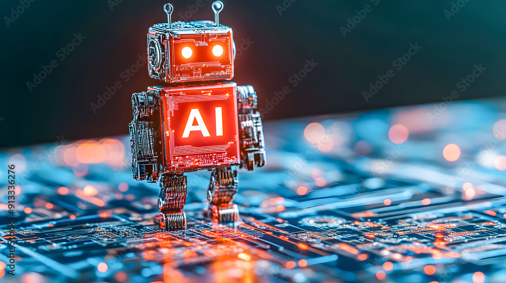 Poster robot standing on futuristic printed circuit board microchip pattern intelligence and modern technol