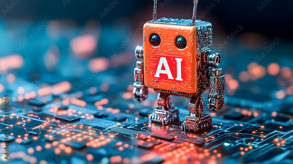 Poster close up view of a futuristic circuit board with a large robot logo surrounded by various microchips